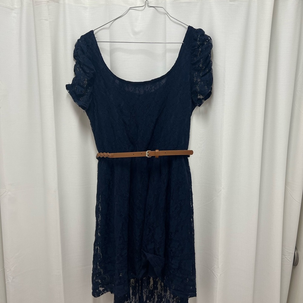 Deb Navy Blue Lace Belted Dress